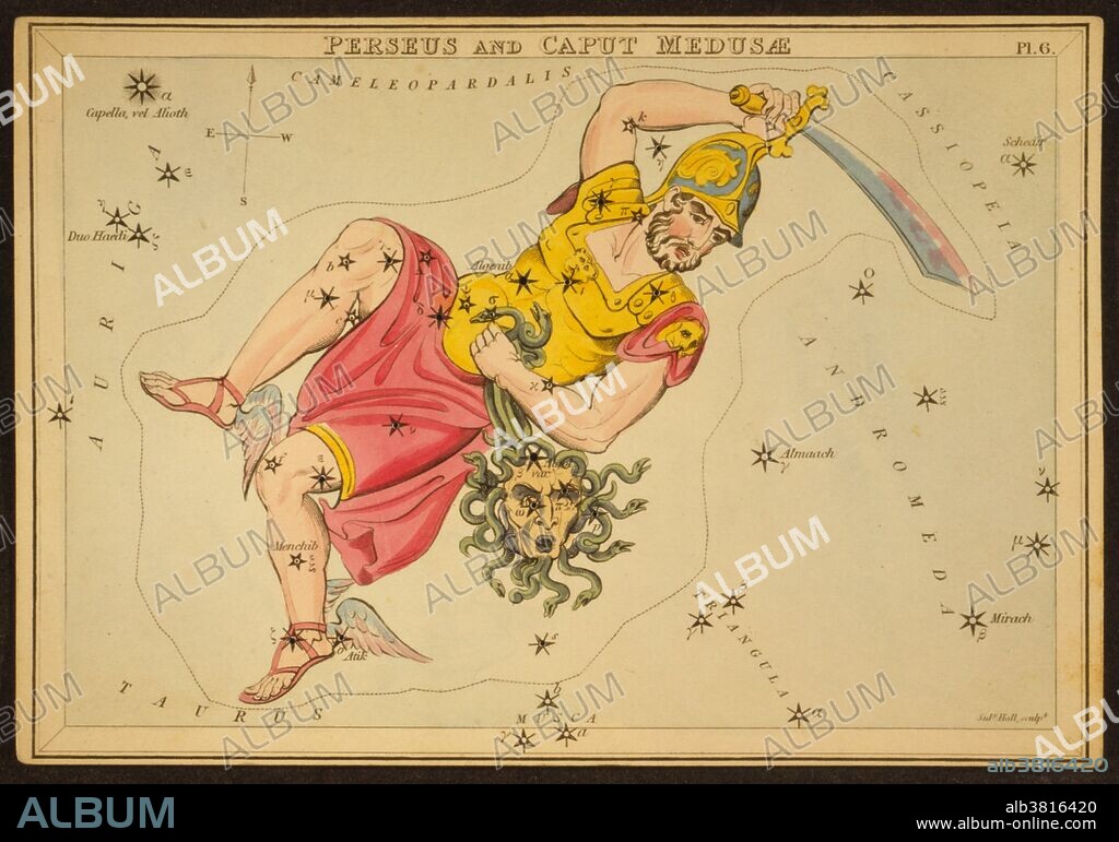 Astronomical chart showing Perseus holding bloody sword and the severed head of Medusa forming the constellation. Perseus carrying the head of Medusa the Gorgon. Perseus is a constellation in the northern sky, named after the Greek hero Perseus. It was one of the 48 constellations listed by the 2nd century astronomer Ptolemy, and remains one of the 88 modern constellations defined by the International Astronomical Union. It ranks twenty-fourth of the 88 constellations in size. It appears prominently in the northern sky during the Northern Hemisphere's spring. Caput Medusae Medusa's head, a part of the constellation Perseus. In Greek mythology, Medusa was one of three Gorgon sisters. Medusa began life as a beautiful mortal, who bragged of being more attractive than the goddess Athena. One day, while in Athena's temple, Medusa was ravished by the sea god Neptune. In revenge, Athena turned Medusa into a Gorgon. Her long, silky hair was transformed into snakes and she was no longer able to look at the men who came to court her, as they would turn to stone if they looked into her eyes. Medusa was eventually killed by Perseus with help from Athena and Hermes. Urania's Mirror is a boxed set of 32 constellation cards first published by Samuel Leigh of the Strand, London, in or shortly before 1825. An unidentified lady, referred to by her nom-de-plume, Jehoshaphat Aspin, designed these whimsical astronomy cards. The engraver was Sidney Hall.