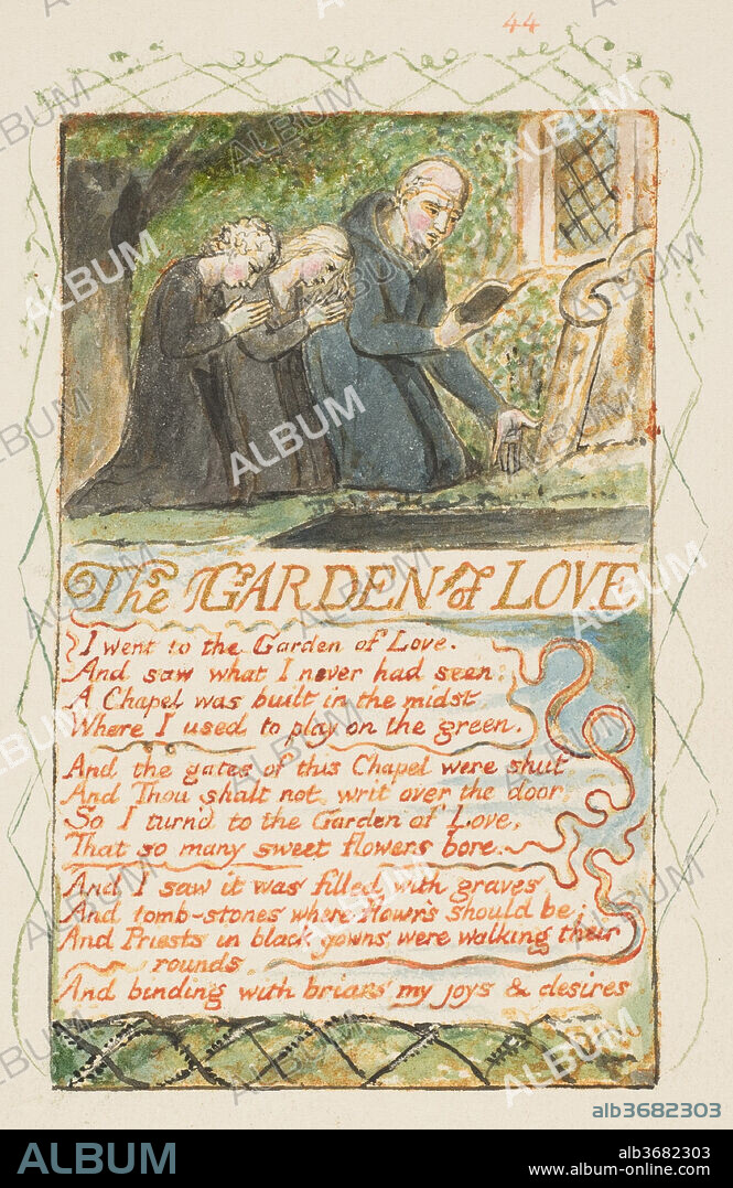 Songs of Innocence and of Experience: The Garden of Love. Artist: William Blake (British, London 1757-1827 London). Dimensions: sheet: 6 3/16 x 5 9/16 in. (15.7 x 14.1 cm). Date: ca. 1825.