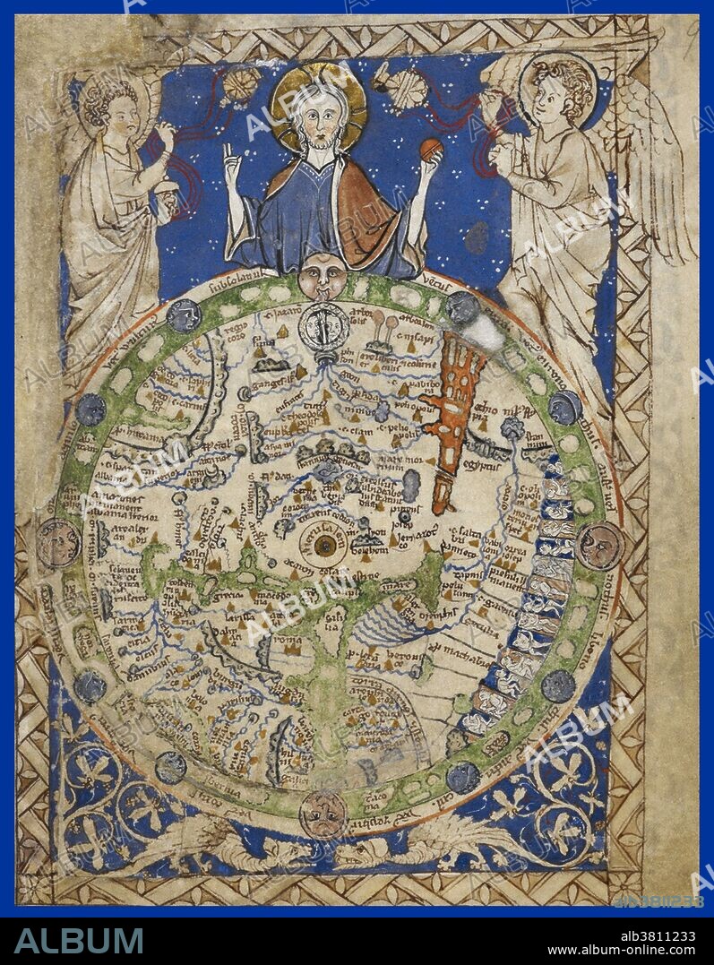 Latin Psalter, with canticles, litany, etc - caption: "A round map of the world, set in a square ornamental frame, Jerusalem being in the center, with a zone of winds, figures of inhabitants." The Latin Psalters are the translations of the Book of Psalms into the Latin language. These translations are typically placed in a separate volume or a section of the breviary called the psalter, in which the psalms are arranged to be prayed at the canonical hours of the day. In the Middle Ages, psalters were often lavish illuminated manuscripts, 13th - 15th century.