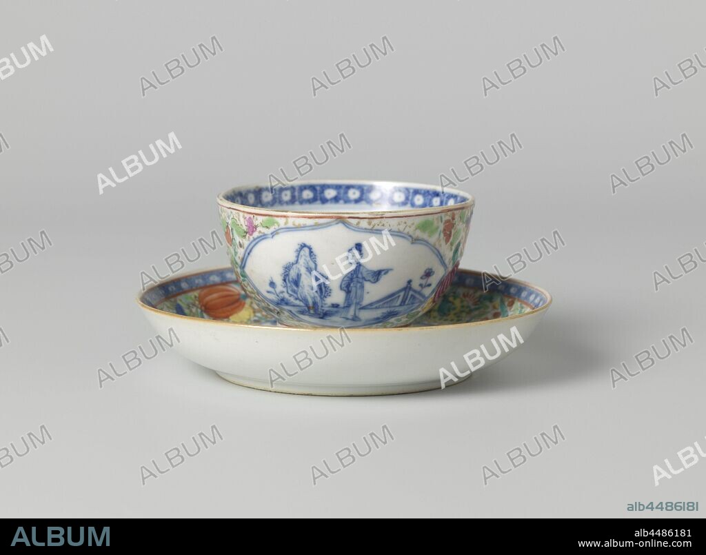 Straight-sided cup and saucer with two ladies in a fenced garden and flower  scrolls, Porcelain cup and saucer with straight wall, painted in underglaze  blue and on the gla - Album alb4486181