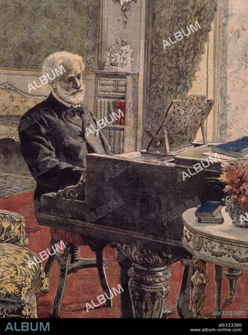 Giuseppe Verdi at piano, 1899, engraving.