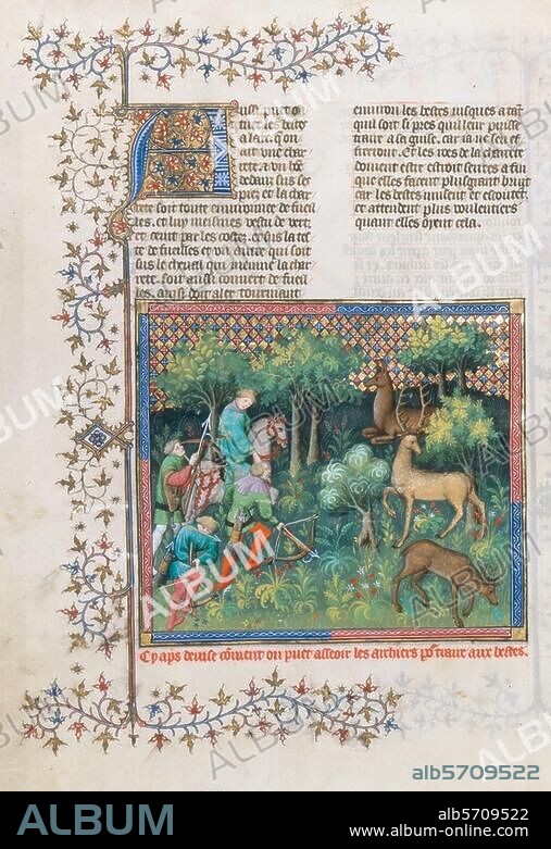 ANONYMOUS. Illumination, Paris workshop, c. 1407. Deer hunt with crossbow. Illustration for: Gaston Phébus (1331-1391), Le Livre de la chasse (Book of the Hunt). Ms français 616, fol. 114 v. Paris, Bibliothèque Nationale.