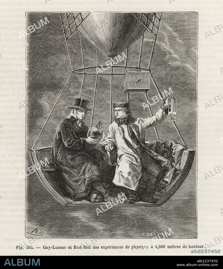 Joseph Louis Gay-Lussac and Jean-Baptiste Biot performing physics experiments in a balloon at 4,000 meters altitude, 1804. Woodblock engraving by E. Deschamps after Mes from Louis Figuier's "Les Merveilles de la Science: Aerostats" (Marvels of Science: Air Balloons), Furne, Jouvet et Cie, Paris, 1868.