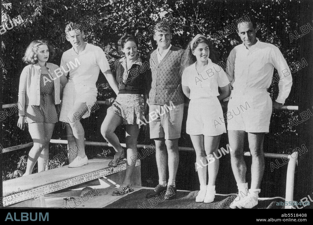 An exclusive photograph of the three Menuhin whose marriage romance stirred the world swimming pool on the Menuhin Estate at Los Gatos, California.
Yehudi Menuhin the world famous violinist, who was married in London last May is returning to give two concerts in London in the Spring, and will tour the provinces.
Left to right, Yehudi's sister Hephzibah (now Mrs. Lindsay Nicholas), Mr. Lindsay Nicholas - (Hepzibah's husband) Nola, wife of Yehudi Menuhin who is sister of Lindsay Nicholas), Menuhin, Yaltah ***** William Strix) sister of ***** husband Mr. Willam. December 31, 1938.