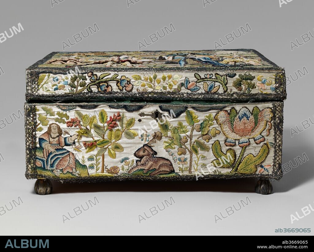 Casket with scenes from the Story of Solomon and the Queen of Sheba. Culture: British. Dimensions: Overall: 8 × 16 × 14 1/2 in. (20.3 × 40.6 × 36.8 cm). Date: 1670s.
This casket, the largest in the Metropolitan Museum's collection of embroidered boxes, contains a multitude of objects, from glass bottles, which were typically fitted into boxes of the period, to a large array of sewing implements and materials, including 25 paper thread winders made from folded playing cards, several ivory thread winders, a bodkin, three ivory embroidery tools, a spool of gold filé thread, a silk tassel, several loose skeins of silk thread, a silk needle case, and a piece of detached buttonhole stitch fabric. Some of the objects clearly do not match the casket's seventeenth-century date. Thread, both dyed silk and metal varieties, was purchased by weight, and the number of objects devoted to the organization of threads speaks to the value of this material. Decorated boxes intended to store sewing implements, among other things, were known on the Continent as well as in England; several seventeenth-century Dutch cushion-shaped containers survive, and seventeenth-century genre paintings confirm their practical use as supports for sewing.
The completion of a decorated casket or cabinet would have been considered the culmination of a young woman's education in needlework skills, and a few boxes have survived that can be firmly attributed to schoolgirls. Martha Edlin's dated embroidered objects form the most complete record we have of one person's output in the seventeenth century (Victoria and Albert Museum, London), although professional contributions at any point in the work would certainly have been possible. The exuberance of the decoration and the rather indiscriminate combination of materials and techniques suggest that this casket is the work of an amateur. Contrast this with the cabinet illustrating scenes from the Life of Joseph (MMA, 39.13.3a-k), which was executed in a single technique (laid and couched silk) and precisely and evenly worked on all faces of the box. This casket also lacks the consistency of theme present on most cabinets; the top of the lid shows the meeting of King Solomon and the Queen of Sheba, whereas the side panels are apparently random combinations of motifs typical of the period: heraldic animals, a castle, and a fountain, all surrounded by oversized flora and fauna. It is possible that the embroidered panels of this casket may have been applied to the wood carcass at a date significantly later than the execution of the decoration. The carcass itself is too large for the embroidered panels; the gaps where the satin foundation fabric does not cover the wood are patched with more silk and disguised with metal bobbin lace. The color and style of the lining--green silk with a padded main compartment--differ from most other boxes of the seventeenth century as well. Another casket in the Lady Lever Art Gallery collection has a similar padded interior, but the silk lining is described as the typical salmon-pink color.
Nevertheless, this casket is important for its possible association with a mirror in the Metropolitan Museum's collection (MMA, 39.13.2a). The back of the mirror frame is marked with the initials A.P. and the date 1672, and the casket contains thread holders or winders and a metal bodkin marked with the same initials. Both of these objects were in the collection of Percival Griffiths, and early scholars assumed that they were the work of the same maker. Although the mirror frame displays a more skilled and certain command of techniques and materials, it does contain some unusual elements, such as actual shells used in the decoration of the grotto. G. Saville Seligman and Talbot Hughes mentioned "Lady Ann Paulet, who was a very accomplished broiderer" in association with these embroideries, possibly referring to a lady-in-waiting to Queen Mary II (1662-1694), but no other evidence exists to support this attribution. The uncertain date of the construction of the casket, along with the survival of various tools and accessories, speaks to the continued significance of embroidery in the lives of women beyond the seventeenth century.
[Melinda Watt, adapted from English Embroidery from The Metropolitan Museum of Art, 1580-1700: 'Twixt Art and Nature / Andrew Morrall and Melinda Watt ; New Haven ; London : Published for The Bard Graduate Center for Studies in the Decorative Arts, Design, and Culture, New York, The Metropolitan Museum of Art, New York [by] Yale University Press, 2008.].