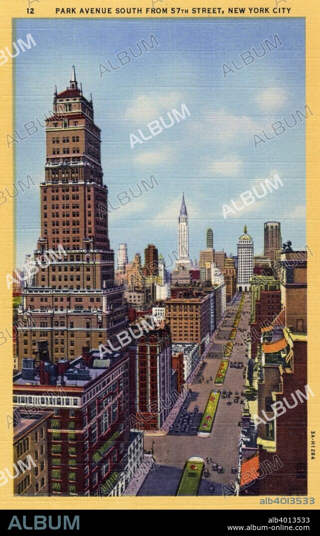 Park Avenue south from 57th Street, New York City, New York, USA, 1933. Vintage linen postcard showing a bird's eye view of Park Avenue. The Chrysler Building is visible in the distance.