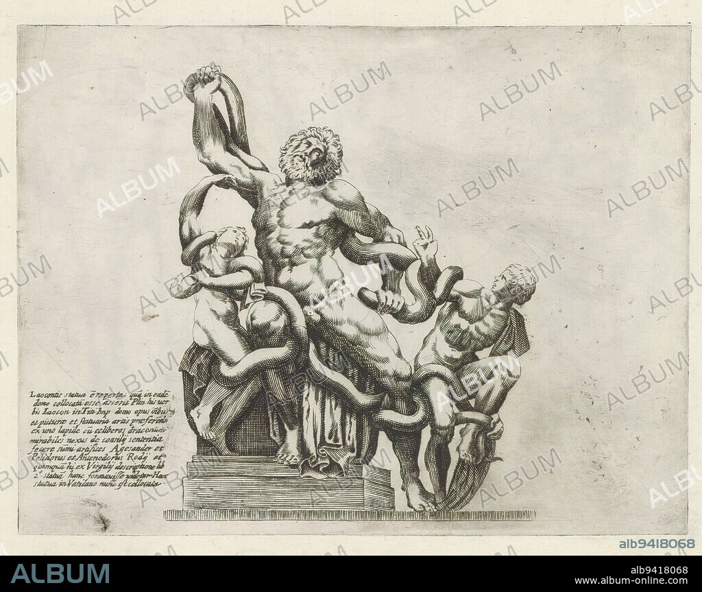 Sculpture of Laocoön and his sons, Sculptures of Antiquity (series title), The Laocoön Group. Caption in Latin. Print is part of an album., print maker: anonymous, publisher: Giovanni Battista de'Rossi, publisher: Antonio Salamanca, (rejected attribution), print maker: Italy, publisher: Rome, publisher: Rome, Vaticaanstad, 1538 and/or 1641, paper, engraving, height 180 mm × width 237 mm.