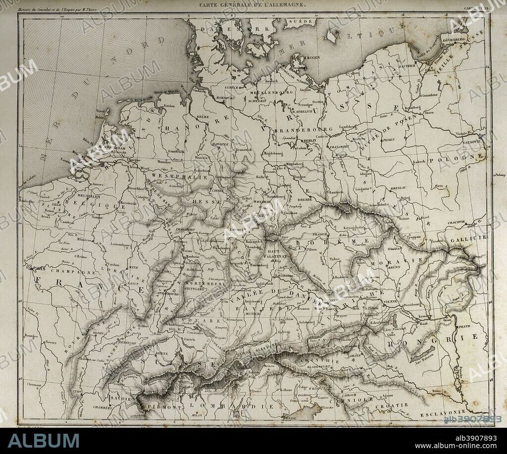 General map of Germany. Atlas de l'Histoire du Consulat et de l'Empire. History of the Consulate and the Empire of France under Napoleon by Marie Joseph Louis Adolphe Thiers (1797-1877). Drawings by Dufour, engravings by Dyonnet. Edited in Paris, 1864.