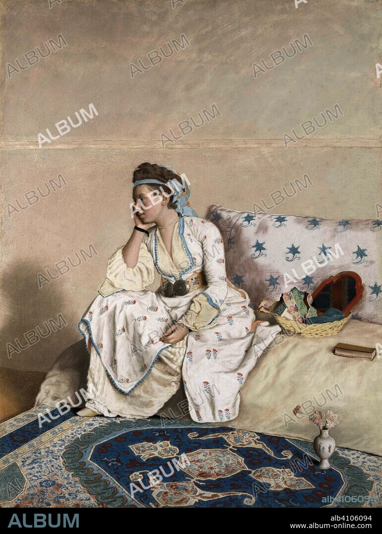 Marie Fargues, the Painter's Wife. Portret van Marie Fargues, echtgenote van de kunstenaar, in Turks kostuum. Draughtsman: Jean-Etienne Liotard. Dating: 1756 - 1758. Measurements: h 103.8 cm × w 79.8 cm; w 14.1 kg.