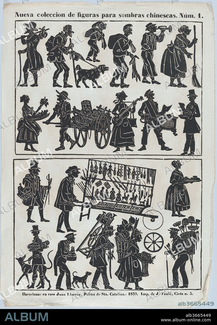 Sheet 1 of figures for Chinese shadow puppets. Dimensions: Sheet: 17 1/2 × 12 3/8 in. (44.5 × 31.5 cm). Printer: José Taulo (Spanish, active ca. 1855-70). Publisher: Juan Llorens (Spanish, active Barcelona, ca. 1855-70). Date: 1859.