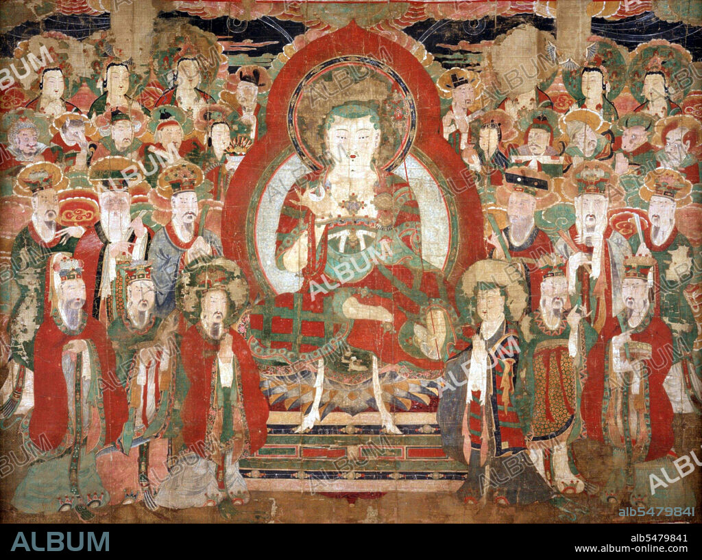 Chijang Posal (Korean version of Ksitigarbha) as Supreme Lord of the Underworld. Ksitigarbha is a bodhisattva primarily revered in East Asian Buddhism, usually depicted as a Buddhist monk in the Orient. The name may be translated as 'Earth Treasury'. Ksitigarbha is known for his vow to take responsibility for the instruction of all beings in the six worlds between the death of Gautama (Sakyamuni) Buddha and the rise of Maitreya Buddha, as well as his vow not to achieve Buddhahood until all hells are emptied. He is therefore often regarded as the bodhisattva of hell beings, as well as the guardian of children and patron deity of deceased children and aborted foetuses in Japanese culture. Usually depicted as a monk with a nimbus around his shaved head, he carries a staff to force open the gates of hell and a wish-fulfilling jewel to light up the darkness.