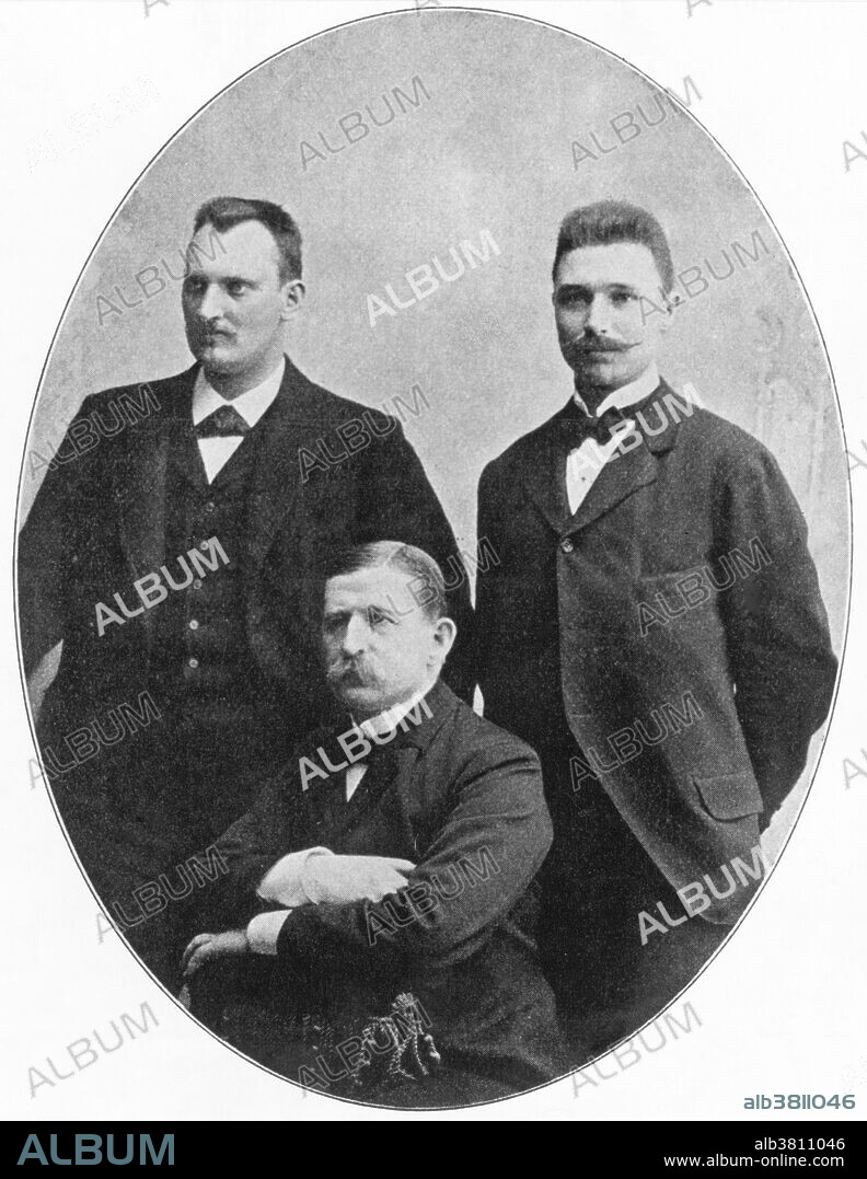 Editorial use only . A photograph from 1897 showing Swedish balloonists S. A. Andree (1854-97) (front), Knut Fraenkel (1870-97) (left), and Nils Strindberg (1872-97) (right). These men, led by Andree, attempted to reach the North Pole by hydrogen balloon. The journey ended in tragedy when the balloon failed and was grounded after a couple of days in the air. Andree and his companions survived for three months before all three perished in the harsh Arctic terrain. The chance discovery in 1930 of the expedition's last camp yielded much information about their disastrous journey.