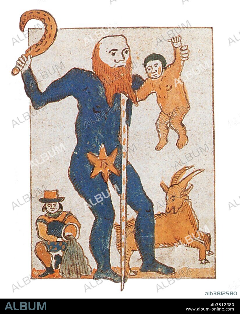 This medieval illustration shows the Roman god Saturn in the traditional guise of an old man. The Zodiacal signs under his influence, Aquarius and Capricorn, are depicted on his left and right, respectively. He holds the sickle with which his Greek counterpart, Cronus, castrated his father.Saturn was a god in ancient Roman religion and a character in myth. He was the first god of the Capitol, known since the most ancient times as Saturnius Mons, and was seen as a god of generation, dissolution, plenty, wealth, agriculture, periodical renewal and liberation. In later developments he came to be also a god of time. His reign was depicted as a Golden Age of plenty and peace. The Temple of Saturn in the Roman Forum housed the state treasury. In December, he was celebrated at what is perhaps the most famous of the Roman festivals, the Saturnalia, a time of feasting, role reversals, free speech, gift-giving and revelry. Saturn the planet and Saturday are both named after the god. Saturn was the god of agriculture, justice and strength.