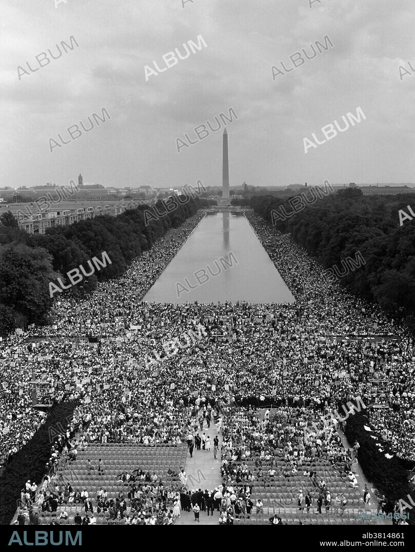 Entitled: "Aerial view of the crowd assembling with a good view of the Reflecting Pool and the Washington Monument." The March on Washington for Jobs and Freedom was one of the largest political rallies for human rights in United States history and called for civil and economic rights for African-Americans. On Wednesday, August 28, 1963. Martin Luther King, Jr., standing in front of the Lincoln Memorial, delivered his historic "I Have a Dream" speech in which he called for an end to racism. The march was organized by a group of civil rights, labor, and religious organizations, under the theme "jobs, and freedom". Estimates of the number of participants varied from 200,000 to 300,000; it is widely accepted that approximately 250,000 people participated in the march. Observers estimated that 75-80% of the marchers were black. The march is credited with helping to pass the Civil Rights Act (1964) and preceded the Selma Voting Rights Movement which led to the passage of the Voting Rights Act (1965).