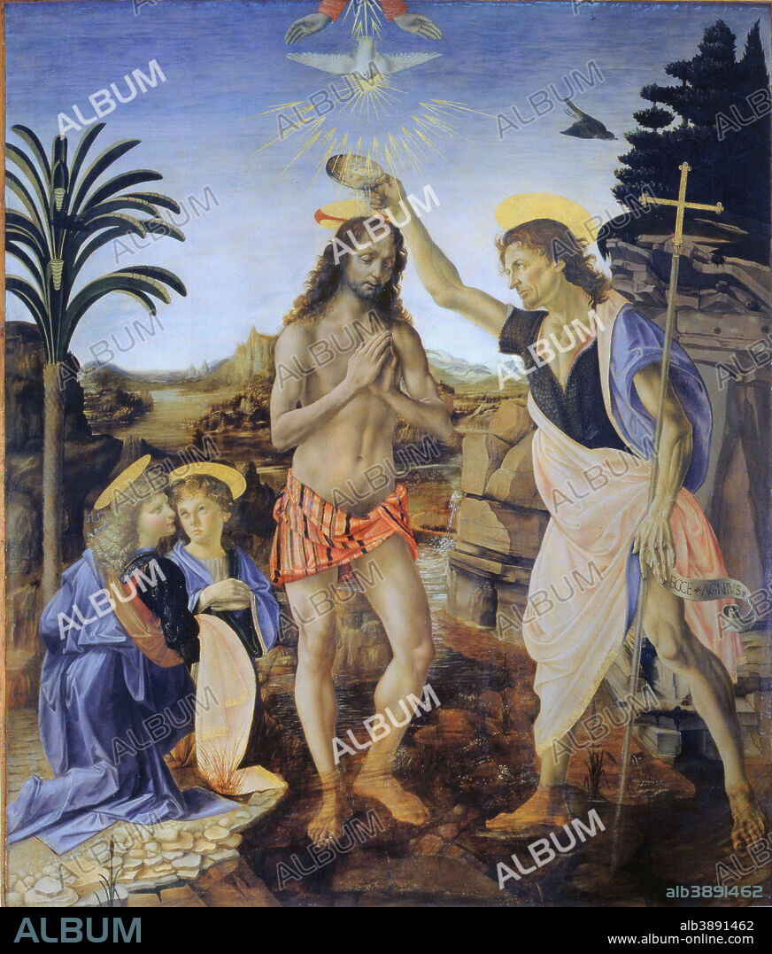 LEONARDO DA VINCI. Battesimo di Cristo / Baptism of Christ. Date/Period: From 1470 until 1480. Painting. Oil and tempera on panel. Height: 180 cm (70.8 in); Width: 152 cm (59.8 in).