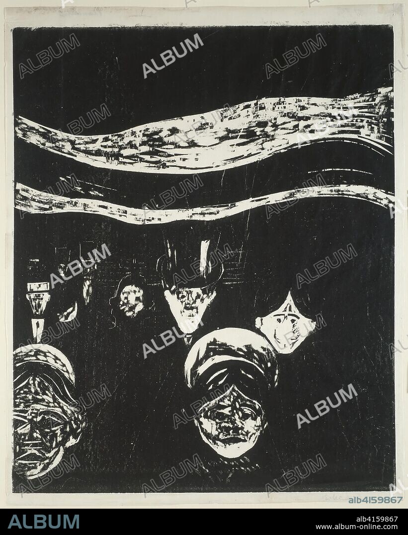 Anxiety. Edvard Munch (Norwegian, 1863-1944); printed by Lassally (German, late 19th-early 20th century). Date: 1896. Dimensions: 463 x 375 mm (image); 491 x 392 mm (sheet). Woodcut in black ink on lightweight ivory laid proofing paper. Origin: Norway.