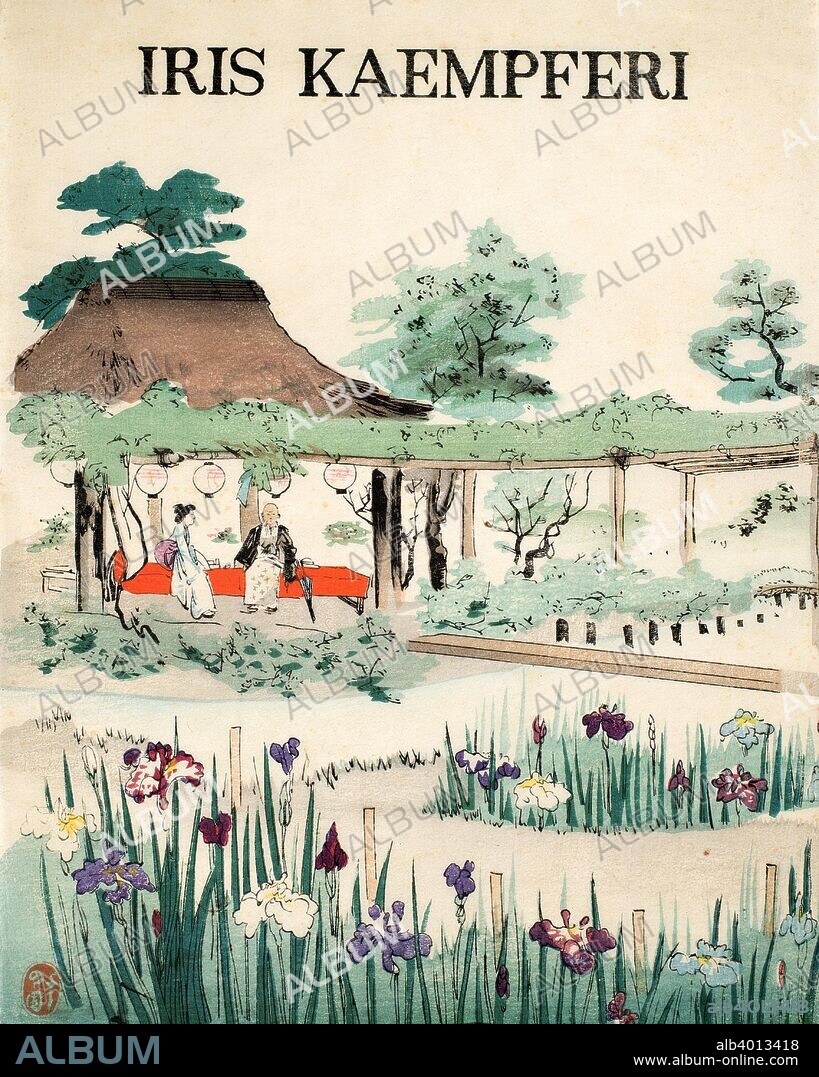 Iris Kaempferi - Front Cover, 1890, (colour woodblock print). From the catalogue of The Yokohama Nursery Co. Ltd., of Seitaro Arai which specialised in Iris kaempferi. Japanese Iris, all native to Japan.