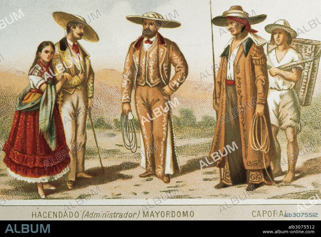 HISTORIA DE MEXICO. SIGLO XIX. RAZAS Y COSTUMBRES DE MEXICO. "HACENDADO (Administrador), MAYORDOMO Y CAPORAL". Litografia del año 1880.