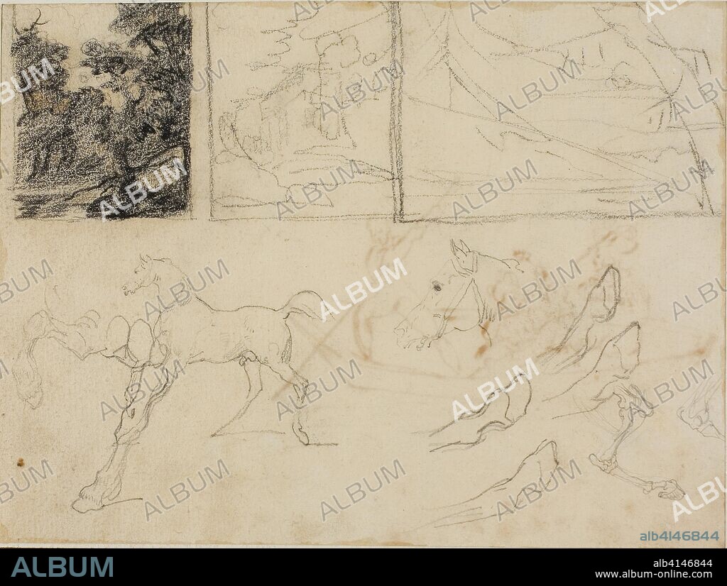 Sheet of Sketches: three Landscapes, Horses, and Hooves. Jean Louis André Théodore Géricault; French, 1791-1824. Date: 1813-1814. Dimensions: 174 × 230 mm. Graphite and black pastel, on cream wove paper, perimeter mounted on ivory laid paper. Origin: France.