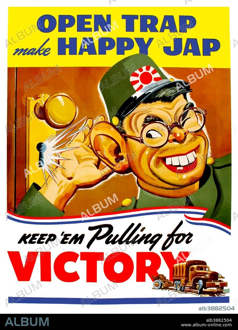 Digitally restored war propaganda poster. This vintage World War Two poster features Emperor Hirohito listening through a keyhole of a door for secrets. It declares - Open Trap Make Happy Jap, Keep 'em Pulling For Victory.