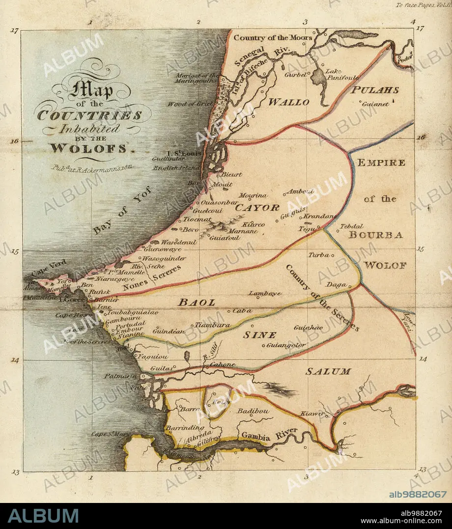 Map of the Jolof or Wolof Empire on the west coast of Africa. Shows Waalo,  Kayor, Baol, Sine and Saloum areas, the Senegal and Gambia rivers, and the  slave island of Goree - Album alb9882067