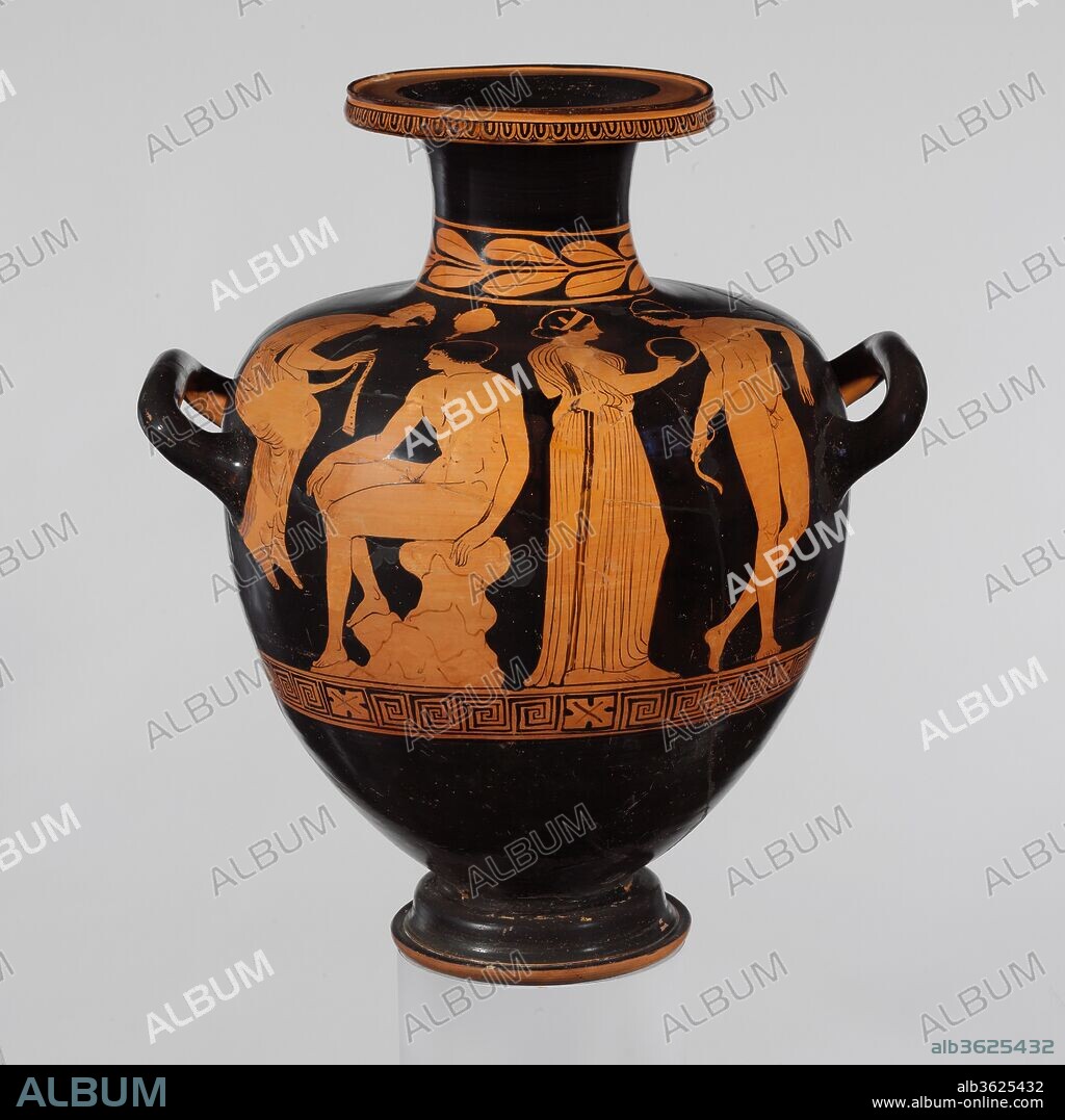 Terracotta hydria (water jar). Culture: Greek, South Italian, Lucanian. Dimensions: H. 18 1/16 in. (45.9 cm). Date: ca. 420-400 B.C..
Two women presenting gifts to two youths
The Amykos Painter was a prolific artist who invented a repertoire of stock figural types for his less ambitious works. The youths here are characterized as athletes by their nudity, the gifts of a fillet and wreath, and the strigil (scraper) held by the rightmost figure.