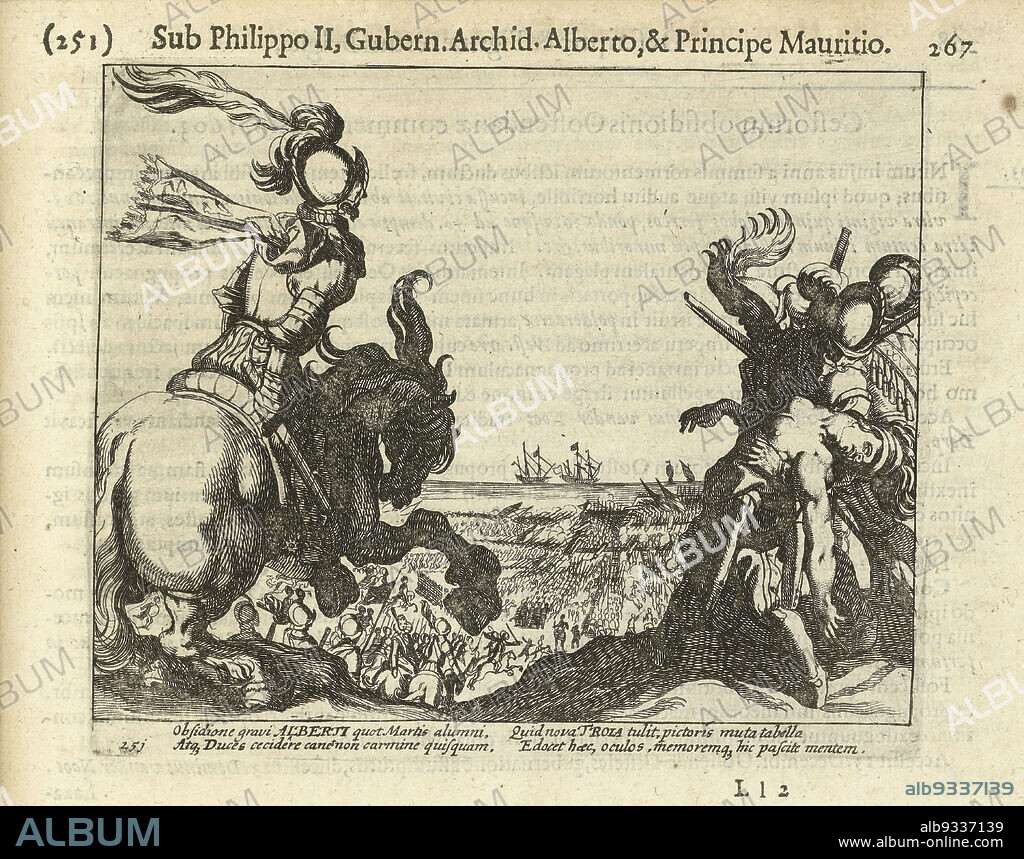 Siege of Ostend: fighting near the beach, 1601, Siege of Ostend, 1601. On  the left a horseman, on the right a soldier with the naked body of a woman  in his arms.