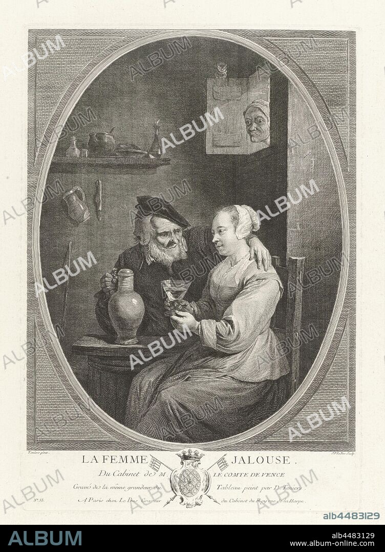 Inn interior with an old man and a young woman La Femme Jalouse (title on  object), An old man has put his arm around a young woman at a table in an