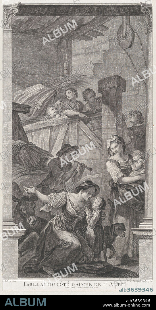 The Chapel of the Enfants-Trouvés in Paris: L'Adoration des bergers. Artist: Etienne Fessard (French, Paris 1714-1777 Paris); After Charles Joseph Natoire (French, Nîmes 1700-1777 Castel Gandolfo). Dimensions: Sheet (Trimmed): 21 in. × 10 11/16 in. (53.3 × 27.2 cm). Date: 1752.
From a series of fifteen plates engraved by Fessard after the paintings by Natoire in the Chapel of the Enfants-Trouvés, Paris. The chapel was built in 1746-50 based on designs by Germain Boffrand, but destroyed in the 19th century.  The main altar depicted The Adoration of the Magi and subsidiary scenes included the children and nuns of the orphanage as onlookers. Natoire's scenes were set into trompe l'oeil surrounds painted by Paolo Antonio and Gaetano Brunetti, giving the illusion that the viewer was standing in a ruined building.  Fessard's suite of prints includes a perspective view of the interior based on a drawing by Augustin de Saint-Aubin.