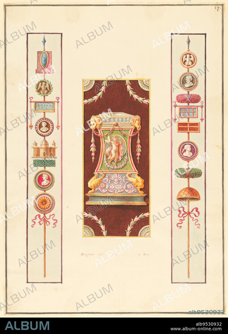 MICHELANGELO PERGOLESI. Ornament design with, at center, a three-sided altar decorated with an image of a putto carrying the armor of the Roman god Mars, ornately decorated with rams' heads, garlands, etc. At left and right are roman standards. Date: 1776. Pen and ink, brush and watercolor, gouache, over graphite on laid paper.