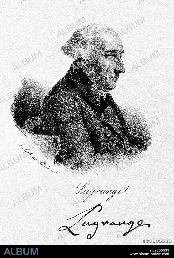 Joseph-Louis Lagrange (1736-1813), also known as Giuseppe Luigi Lagrangia, Italian-French mathematician and astronomer who made significant contributions to the fields of analysis, number theory, and both classical and celestial mechanics. Lithograph, with Lagrange's signature, by François Séraphin Delpech (1778-1825).