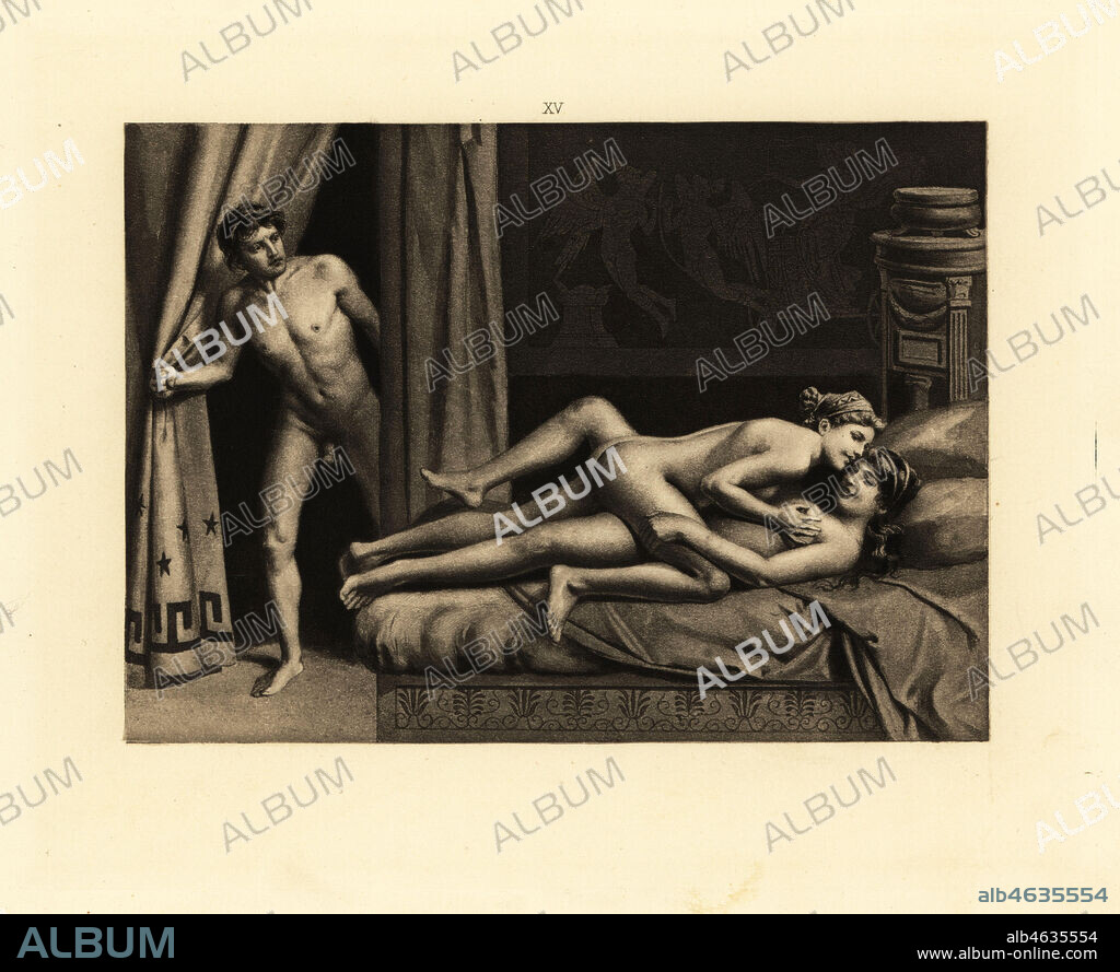 Naked Roman man surprising a lesbian couple on a bed. Aquatint by Theophile  Fillon after an illustration by Paul Avril from Friedrich Karl Forbergs  Manual of Classical Ero - Album alb4635554