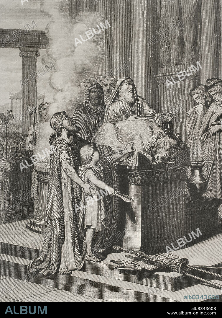 Hannibal Barca (247-183 BC). Carthaginian general and statesman. Hannibal in the Temple of Carthage with his father Hamilcar Barca, at the age of nine, taking an oath of eternal hatred of Rome by dipping his hands in the blood of the sacrificed animal. Engraving. "Historia Universal", by César Cantú. Volume II, 1854.