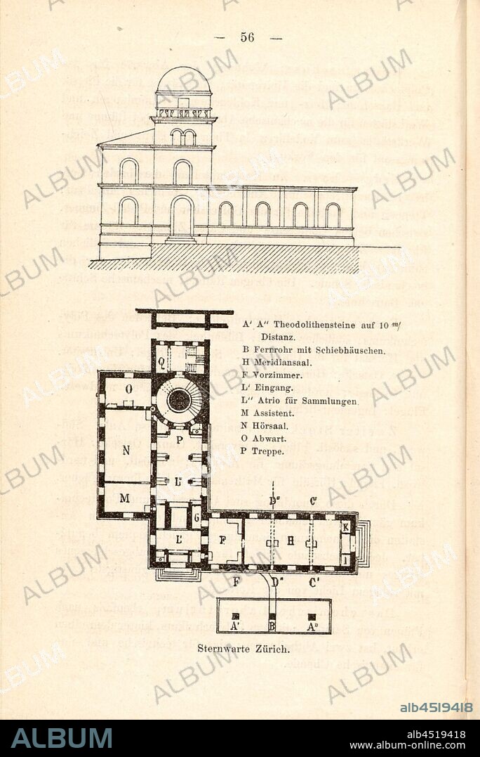 Observatory Zurich, Profile and floor plan of the Urania Observatory, p. 56, Schweizerischer Ingenieur und Architekten-Verein: Zürich's Gebäude und Sehenswürdigkeiten. Beschreibung der Stadt (...). Zürich: bei Orell Füssli & Co., 1877.