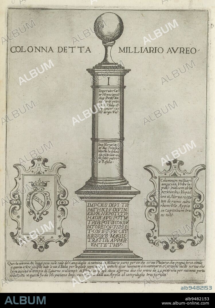 The Milliarium Aureum, Colonna detta Milliario Aureo (title on object),  Modern and ancient monuments and structures in Rome (series title),  Ornamenti di fabriche antichi e - Album alb9482153