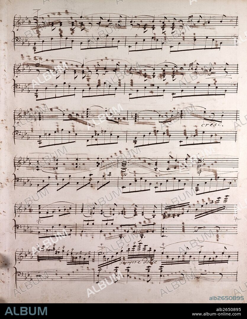 Handwritten sheet music, music notes, 19th century, sempre dolce.