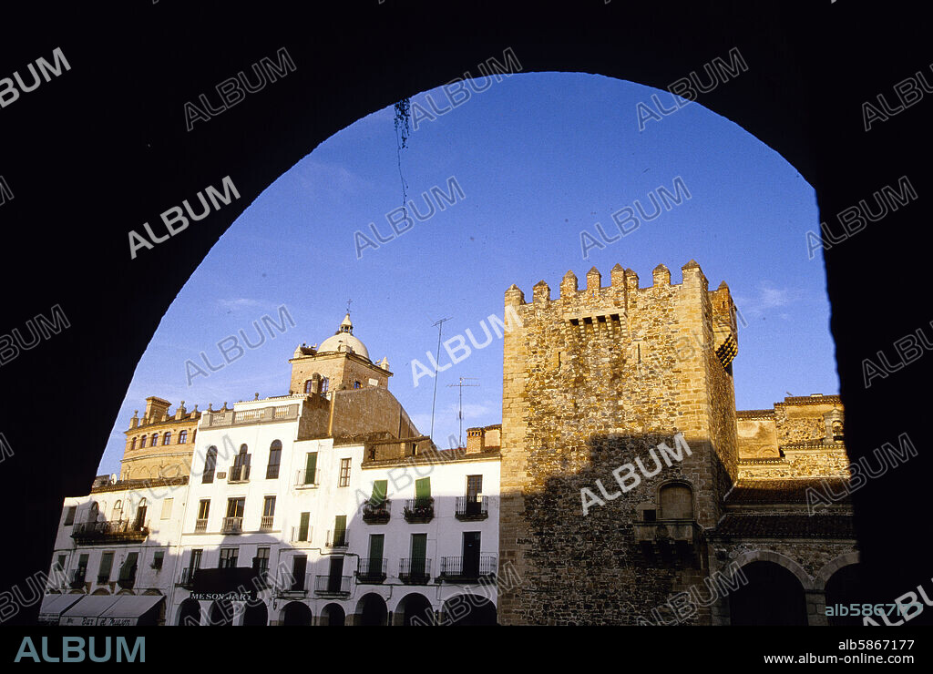 Plaza Mayor / main square, Toledo - Moctezuma palace and torre de / Bujaco tower (XIIth century).