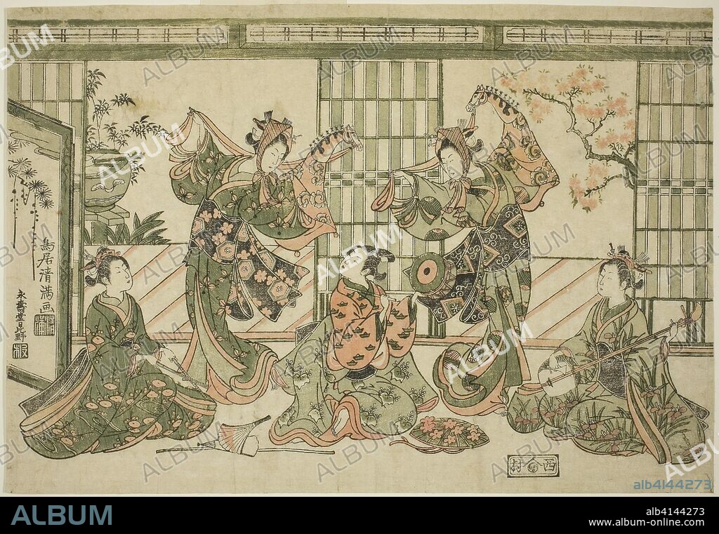 Entertainers performing the hobby-horse dance. Torii Kiyomitsu I; Japanese, 1735-1785. Date: 1759-1769. Dimensions: 29.2 x 42.9 cm (11 1/2 x 16 7/8 in.). Color woodblock print; oban, benizuri-e. Origin: Japan.