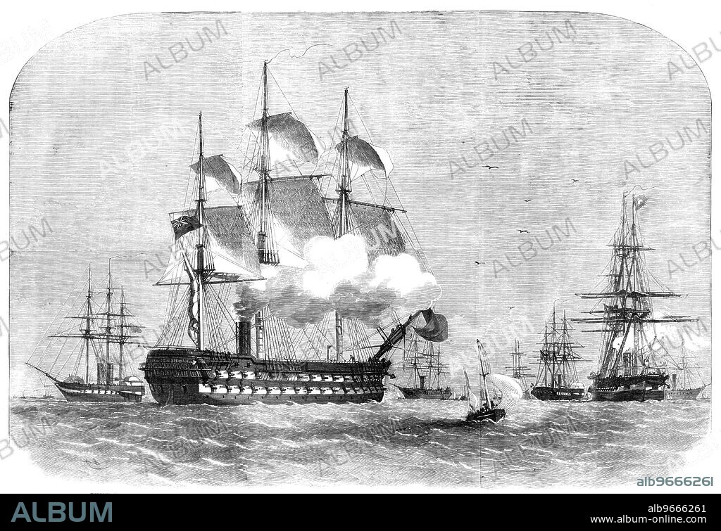 The War in China - Naval Reinforcements for the China Squadron, 1857. Royal Navy ships, Second Opium War: Furious, 16 guns; Sanspareil, 71 guns; Transit, 6 guns; Retribution, 28 guns; Shannon, 51 guns; Himalaya, 6 guns. 'The vessels in the accompanying Sketch are those which are now being commissioned in this country and dispatched with troops to China...In addition to this fleet from England, and those already assembled at the seat of war, a far more powerful reinforcement than either of these is ordered from neighbouring stations to join Admiral Seymour's squadron with all dispatch, and there is no doubt, at the time we are writing, but that he has received material assistance from this source'. From "Illustrated London News", 1857.