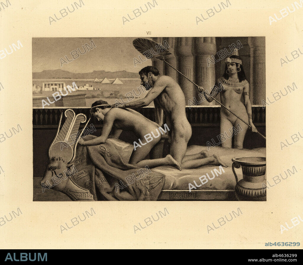 Hadrian penetrating the Greek youth Antinous on a bed. Naked slave girl in  headdress, necklace and bracelet cools them with a fan. Aquatint by  Theophile Fillon after an il - Album alb4636299