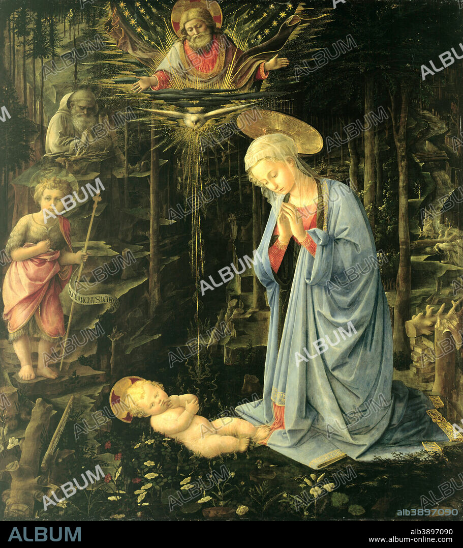 FILIPPO LIPPI. The Adoration in the Forest. Date/Period: 1459. Painting. Oil on poplar wood. Height: 129.5 cm (50.9 in); Width: 118.5 cm (46.6 in).