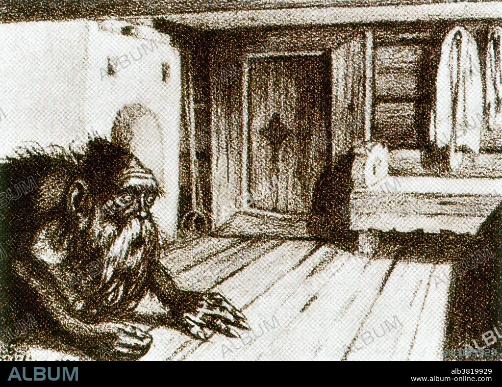 A domovoi or domovoy is a house spirit in Slavic folklore. Traditionally, every house is said to have its domovoi. It does not do evil unless angered by a family's poor keep of the household, profane language or neglect. The domovoi is seen as the home's guardian, and he sometimes helps with household chores and field work. Some even treat them as part of the family, albeit an unseen one, and leave them gifts like milk and biscuits in the kitchen overnight. If a domovoi becomes unhappy, it plays nasty tricks on the members of the household. Those include moving and rattling small objects, breaking dishes, leaving muddy little footprints, causing the walls of a house to creak, banging on pots and moaning. Ivan Yakovlevich Bilibin (August 16, 1876 - February 7, 1942) was a Russian illustrator and stage designer who was inspired by Slavic folklore. He gained renown in 1899, when he released his illustrations of Russian fairy tales. He died in 1942 during the Siege of Leningrad at the age of 65.