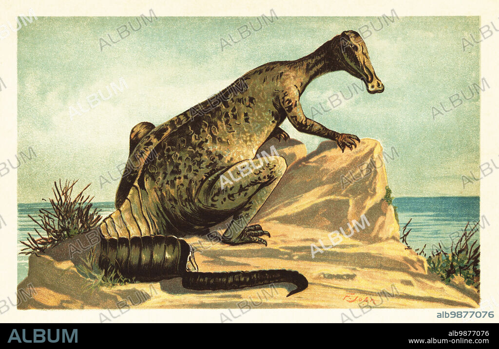 Trachodon mirabilis. Trachodon, dubious genus of extinct hadrosaurid dinosaur based on teeth from the Campanian-age, Upper Cretaceous. Hadrosaurus mirabilis Leidy. Colour printed illustration by F. John from Wilhelm Bolsches Tiere der Urwelt (Animals of the Prehistoric World), Reichardt Cocoa company, Hamburg, 1908.