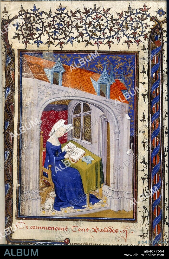 CHRISTINE DE PISAN y MASTER OF THE CITÃ© DES DAMES. Christine de Pisan in her study, writing 'Cent Ballades'. Collected Works of Christine de Pisan. France (Paris); 1410-1411. Source: Harley 4431, f.4. Language: French.