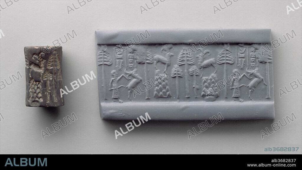 Cylinder seal and modern impression: hunting scene. Culture: Akkadian. Dimensions: H. 1 1/8 in. (2.8 cm). Date: ca. 2250-2150 B.C..
In ancient Mesopotamia, a cylinder-shaped seal could be rolled on a variety of objects made of clay. When seals were impressed on tablets or tablet cases the seal impressions served to identify the authority responsible for what was written in the documents, much as a signature does today. When seals were impressed on sealings -- lumps of clay that were used to secure doors and the lids of storage jars-- the seal impressions served to identify their owner and protect against unauthorized opening. Many cylinder seals have survived because they were made of durable materials, particularly stone, but also metal and fired clay. Perforated through the middle like a bead, seals were also believed to have apotropaic, or protective, functions and were worn as jewelry or pinned on garments.
The modern impression of a seal is shown here so that the entire design can be seen. The scene is composed of two basic groupings that form an overall continuous design unified by the stylized landscape setting. In one group, two tall trees flank a hunter grasping an ibex. Above the man a cuneiform inscription gives the name of the seal owner, Balu-ili, who was a court official, and his profession, cupbearer. In the other group, ibexes stand on mountains, facing each other and flanking three trees. This seal was made during the Akkadian period, when the iconography used by the seal engraver expanded to include a variety of new mythological, thematic, and narrative subjects. Here, the already ancient motif of the hunt is given a new setting in a clearly defined landscape. If there was a relationship between this imagery and the inscribed text, its meaning is no longer understood.
Sacred and secular ideas, fundamental to the beliefs of ancient Mesopotamian peoples, were visualized in the miniature images carved on the seals. The carver used intaglio, a technique in which the forms were cut into the stone, to create the raised impression. The challenge of the seal carver was to create a design that would maintain its balance and clarity when rolled out only half its length on a small surface or twice its length on a larger surface. On the left and right edges of the impression one can see how the rolled out design begins to repeat. Unlike much of the art of the ancient Near East, which survives only in a fragmentary state, cylinder seals are in the unique position of appearing almost exactly as they would have looked to the ancient people who used them.
Adapted from: Art of the Ancient Near East: A Resource for Educators (2010).