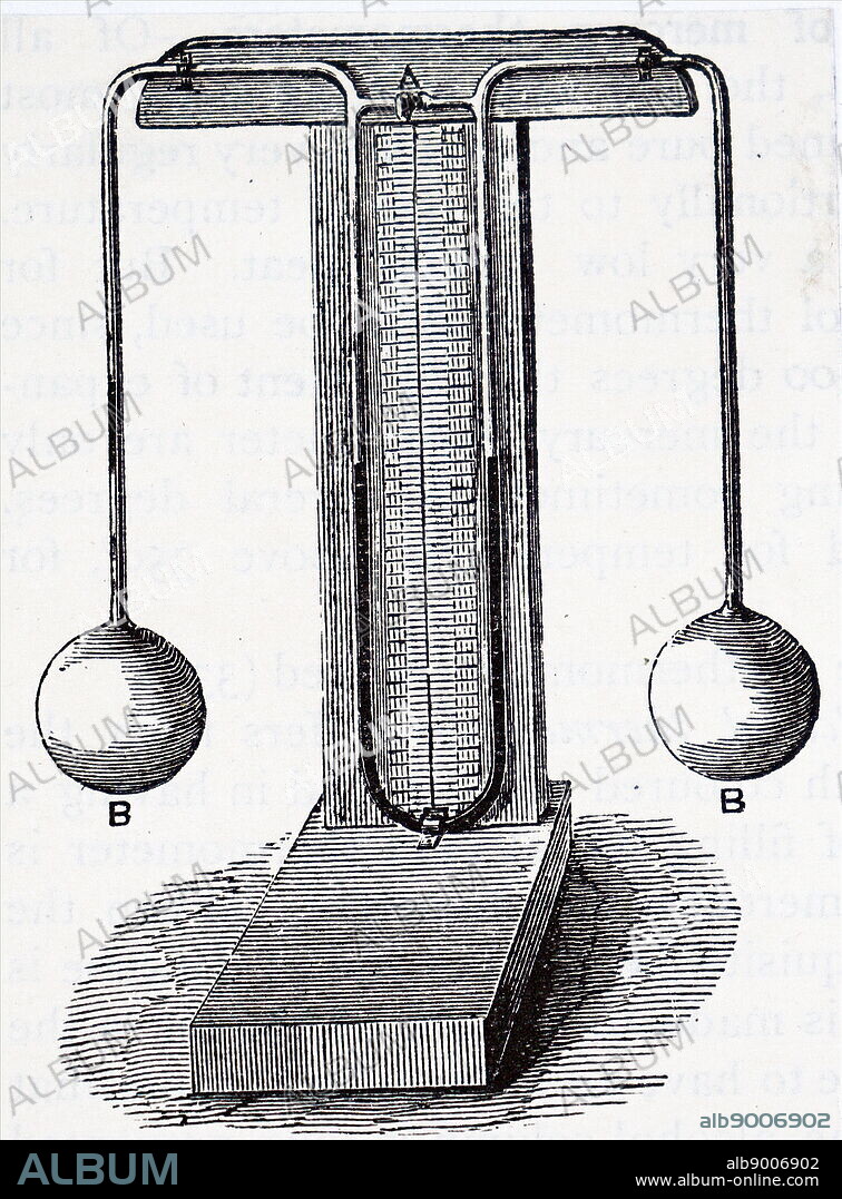 Engraving depicting a differential thermometer, which would be used for indicating temperatures of two separate liquids. Dated 20th Century.