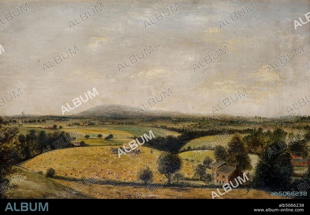 Bredon Hill (19th Century) Edward Wilden, Bredon Hill is a hill in Worcestershire, England, south-west of Evesham in the Vale of Evesham., Tree, Landscape, Oil Painting, Rural, Field, Farming, Architecture, House, England, Worcestershire, Hill, Harvest.