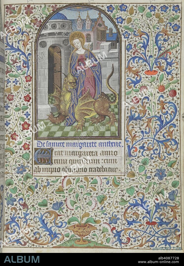 Miniature of Margaret of Antioch emerging from the satan-disguised-dragon, holding the cross which enabled her freedom between her hands in prayer, with an illuminated initial 'E'(rat) and a full foliate border. Book of Hours, Use of Paris. France, Central (Paris); c. 1440 - c. 1450. Source: Egerton 2019, f.216. Language: Latin and some French.