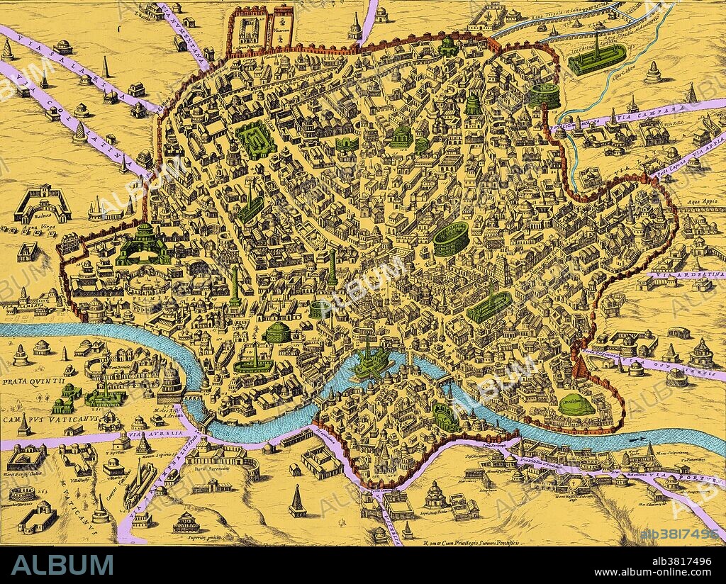 A map of Rome engraved by Giacomo Lauro (1550-1605) in the 16th century.