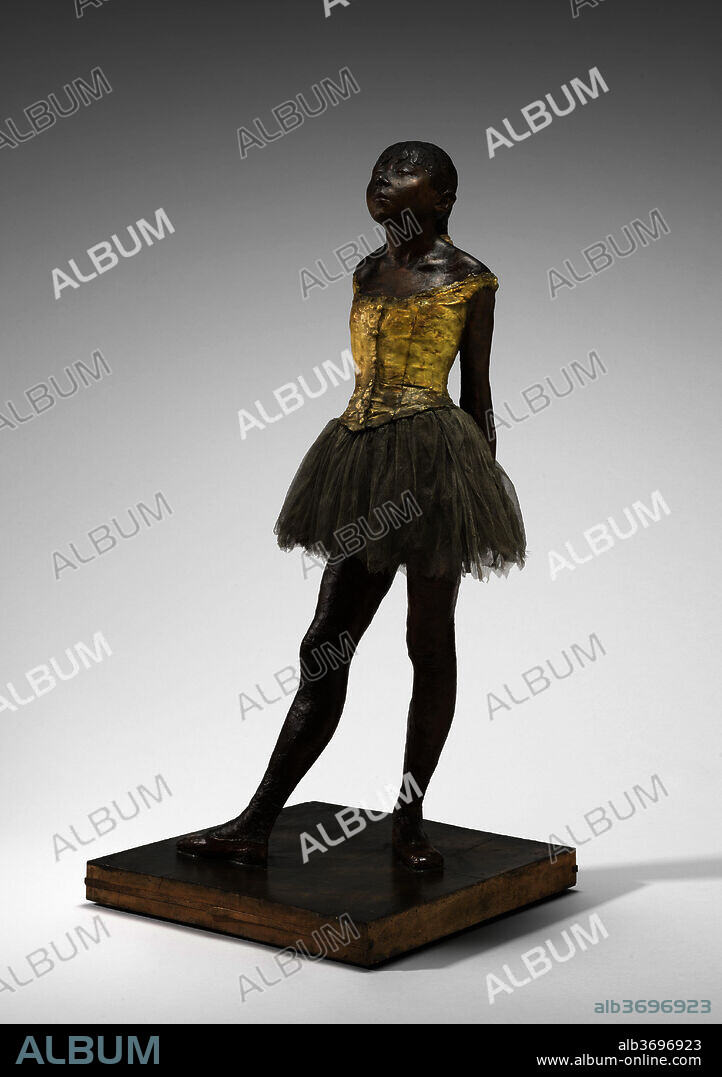 EDGAR DEGAS. Little Dancer Aged Fourteen. Dated: 1878-1881. Dimensions: overall without base: 98.9 x 34.7 x 35.2 cm (38 15/16 x 13 11/16 x 13 7/8 in)  weight:  49 lb. (22.226 kg). Medium: pigmented beeswax, clay, metal armature, rope, paintbrushes, human hair, silk and linen ribbon, cotton faille bodice, cotton and silk tutu, linen slippers, on wooden base.